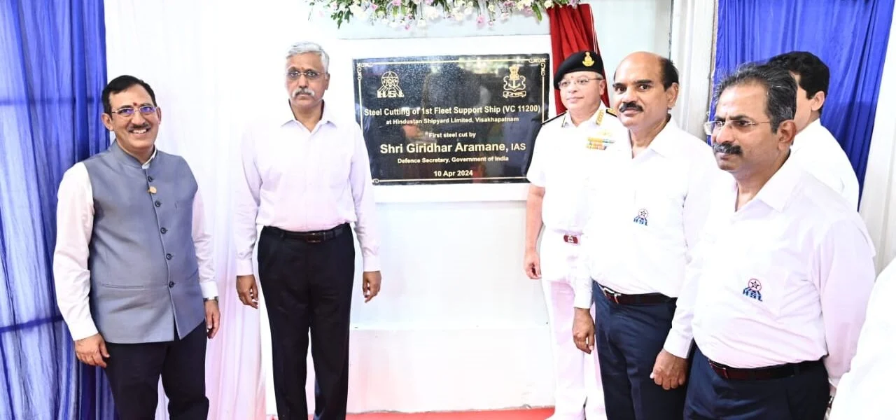 Defense Secretary presides over the first steel cutting of Fleet Support Ships FSS for the Indian Navy at Hindustan Shipyard Limited HSL in Visakhapatnam 1280x600 1