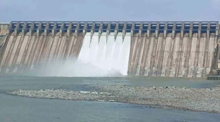 Heavy flood water.Nagarjunasagar six gates opened
