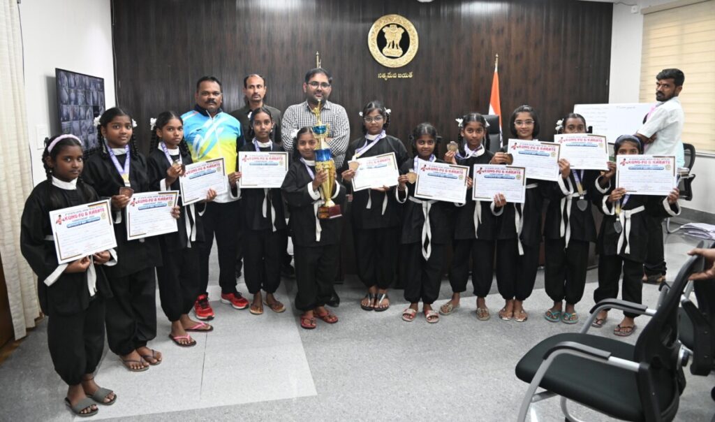 District Collector Koya Harsha felicitated the students who excelled in National level Kung Fu & Karate competitions