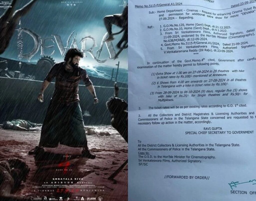 Telangana government has given permission to increase the ticket rates of Devara movie