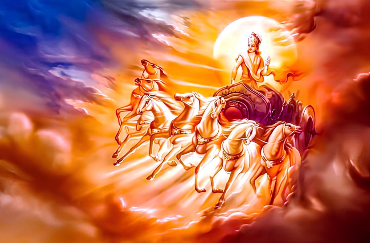 surya dev seven running horses chariot painting