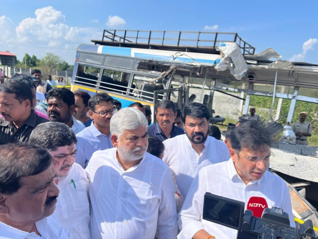 Gaddam Prasad Kumar inspects the scene of the horrific road accident 
