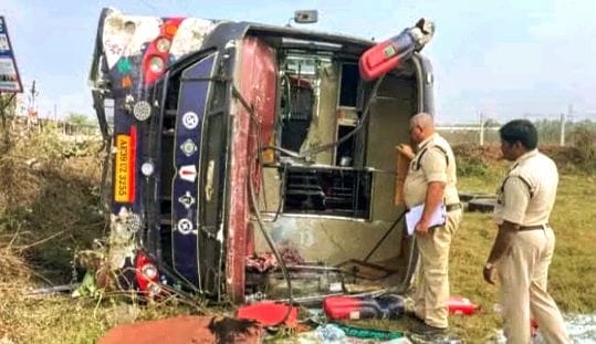 Bus overturns on national highway