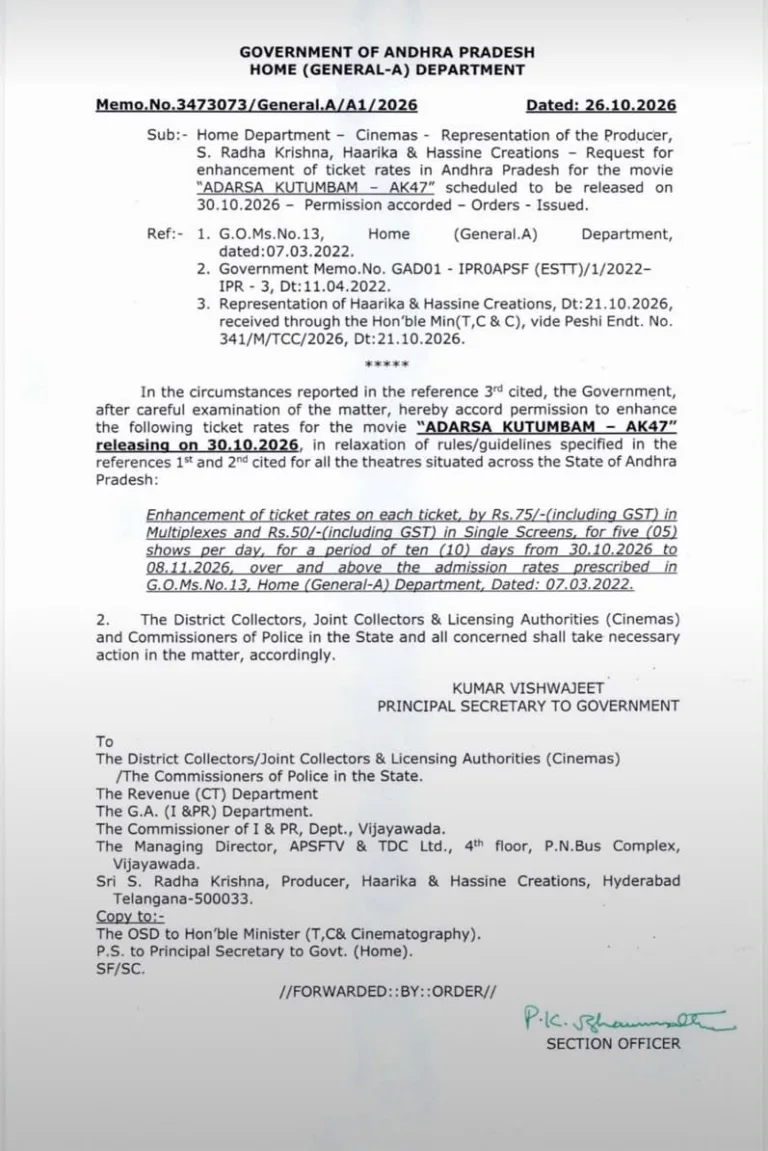 Increase Cinema Ticket Prices : ఆంధ్రప్రదేశ్లో ఆదర్శకుటుంబం సినిమా టికెట్ ధరల పెంపునకు ప్రభుత్వం గ్రీన్ సిగ్నల్ ఇచ్చింది. WhatsApp Image 2026-10-27 at 08.16.30